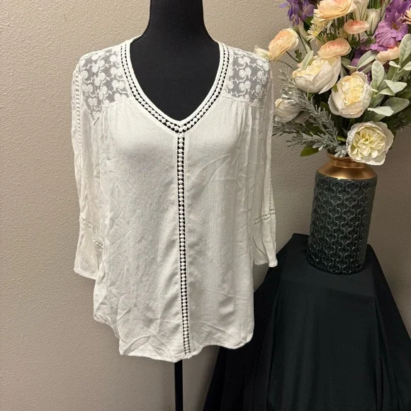 John Paul Richard White Lace Blouse L | Boho Chic Sheer Top Spring Summer Work - Picture 1 of 9